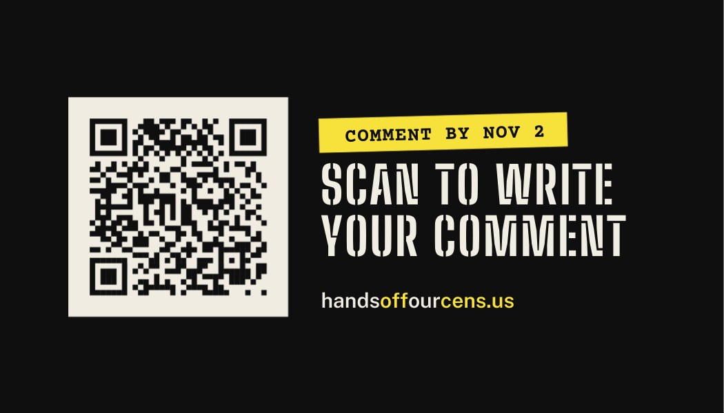 Business card back: a QR code, Comment by Nov 2, Scan to write your comment, handsoffourcens.us.