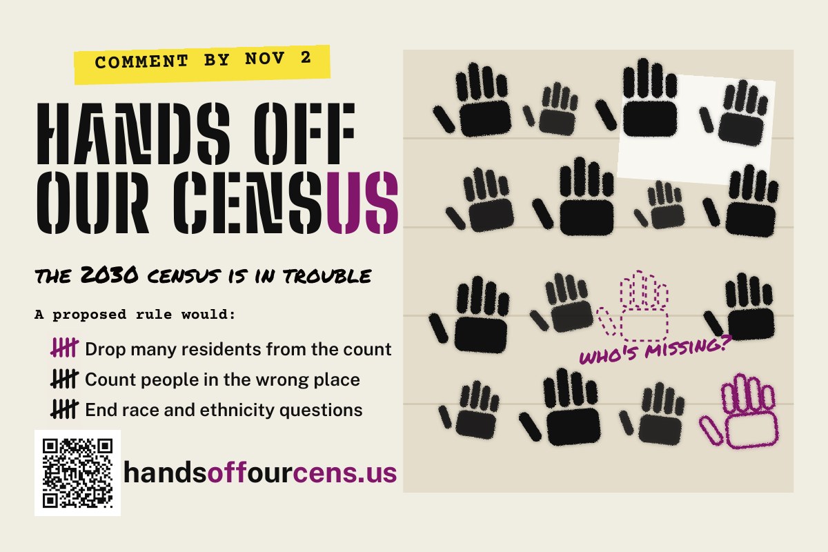 Postcard: Comment by Nov 2. Hands off our census. The 2030 Census is in trouble. A proposed rule would drop many residents from the count, count people in the wrong place, and end race and ethnicity questions. A QR code and handsoffourcens.us, beside rows of stenciled black handprints on a wall, one outlined in plum, with the handwritten question who’s missing?