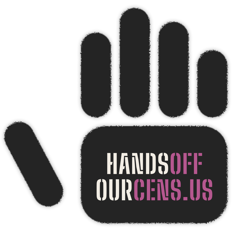 Hand-shaped sticker: a stenciled raised hand, spray-edged, with handsoffourcens.us across the palm.